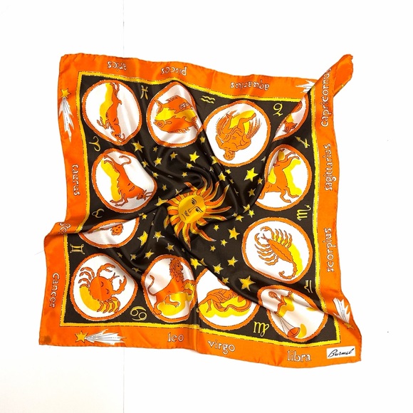 Burmel Silk Blend Scarf Vintage Zodiac Astrology Orange Brown Yellow 26x26" - Picture 4 of 10